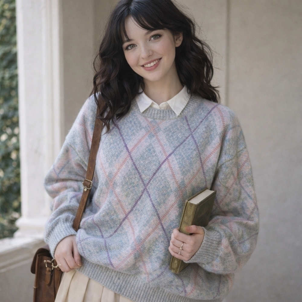 Vintage‎ Gray White Pink Purple Grandmacore Argyle Long Sleeve Oversized Sweater